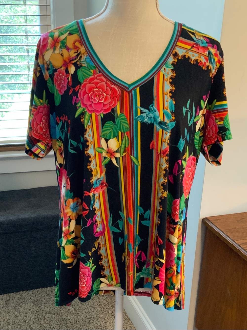 Johnny Was Black V-Neck Short Sleeve Top with Multicolor Floral Stripe